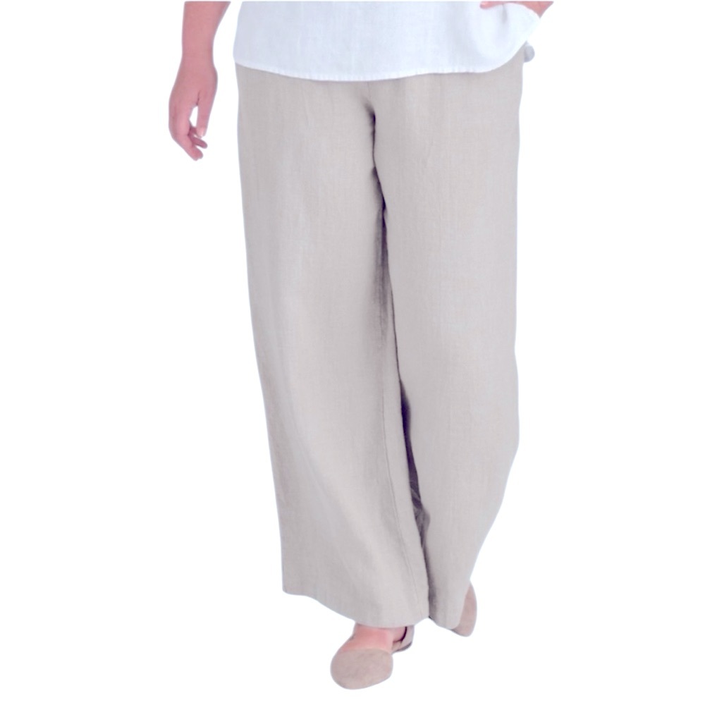 Flax Linen Pant, Beige Wide Leg Relaxed Fit, Sz Sm, #114739